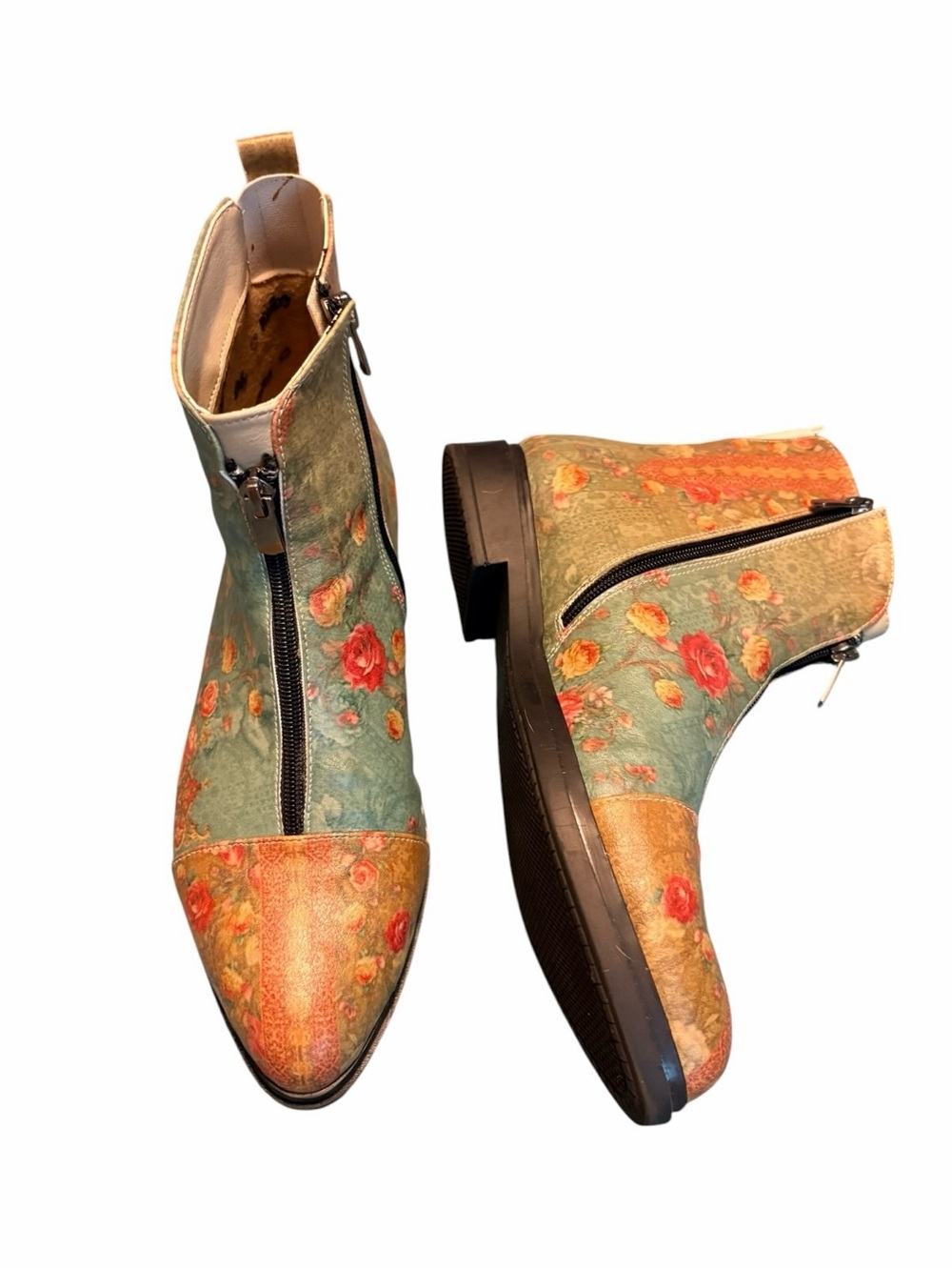GOBY Ankle Boots  Green Floral Zip Booties SZ 10.5